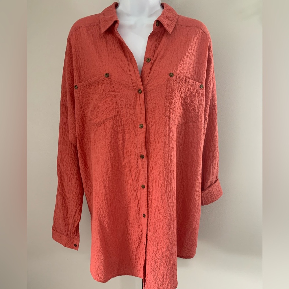 Free People Oversized Long Sleeve Notched Collar Shirt in Coral